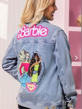 Barbie Light Blue Denim Jacket with Pink Graphic Logo CakeWorthy